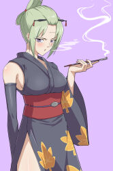  1girl :o absurdres asymmetrical_sleeves black_kimono blush breasts detached_sleeves folded_ponytail gintama green_hair grey_kimono grey_sleeves hair_ornament highres holding holding_smoking_pipe japanese_clothes kimono kiseru looking_at_viewer open_mouth purple_background sash scar scar_across_eye scar_on_face short_hair side_slit simple_background single_sleeve smoke smoking smoking_pipe solo stitches tamahuku_0911 tsukuyo_(gintama) uneven_sleeves violet_eyes 