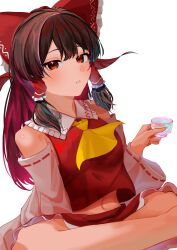  1girl absurdres ascot bow breasts brown_hair choko_(cup) commentary_request cup detached_sleeves frilled_bow frilled_hair_tubes frills hair_bow hair_tubes hakurei_reimu highres holding holding_cup long_hair looking_at_viewer medium_breasts midriff_peek navel red_bow red_eyes red_skirt ribbon-trimmed_sleeves ribbon_trim simple_background skirt skirt_set solo t4r4guu touhou white_background yellow_ascot 