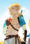 1boy abs apple arm_guards bandaged_arm bandages belt blonde_hair blue_eyes chest_strap clouds cloudy_sky detached_sleeves earrings eating fingerless_gloves food fruit gloves hair_between_eyes holding holding_food holding_fruit jewelry koy8frqryzjmxxy link looking_to_the_side male_focus medium_hair muscular muscular_male navel outdoors pants pectorals pointy_ears sky solo sword the_legend_of_zelda weapon weapon_on_back white_pants 