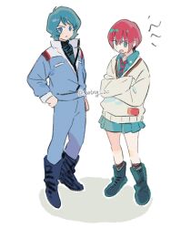  1boy 1girl aeug amate_yuzuriha blue_hair closed_mouth crossed_arms gundam gundam_gquuuuuux hand_on_own_hip highres kamille_bidan military_uniform multicolored_eyes multicolored_hair open_mouth red_hair school_uniform xing_20 zeta_gundam 
