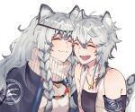  2girls ^_^ ahoge animal_ear_fluff animal_ears arknights armband bare_shoulders black_bandeau black_cape breasts cape cheek-to-cheek cliffheart_(arknights) closed_eyes collarbone fang grey_hair hair_between_eyes heads_together highres jewelry kjerag_logo leopard_ears leopard_girl leopard_tail long_hair multiple_girls necklace noinoi5551 open_mouth pramanix_(arknights) short_hair siblings simple_background sisters small_breasts smile sweater tail tiara turtleneck turtleneck_sweater upper_body white_background white_sweater 