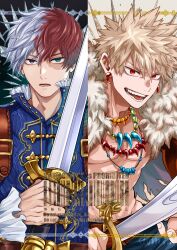  2boys abs bakugou_katsuki bare_pectorals belt belt_buckle blonde_hair blue_eyes blue_shirt boku_no_hero_academia brown_belt brown_eyes buckle cape collar collared_shirt commentary_request earrings frilled_collar frilled_sleeves frills fur_trim heterochromia highres holding holding_sword holding_weapon jewelry long_sleeves male_focus multicolored_hair multiple_boys necklace official_alternate_costume open_mouth pants pectorals piercing red_cape red_eyes red_hair salt_-_siomsb shirt spiky_hair split-color_hair sword teeth todoroki_shoto torn_cape torn_clothes watermark weapon white_fur white_hair 
