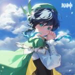  1boy bangs bard beret black_hair blue_hair braid cape cecilia_flower_(genshin_impact) collared_cape commentary_request corset flower frilled_sleeves frills genshin_impact gradient_hair green_cape green_eyes green_headwear hat hat_flower highres looking_at_viewer multicolored_hair shirt short_hair_with_long_locks sky smile solo twin_braids venti_(genshin_impact) white_flower white_shirt yukiri_(l_ii) 