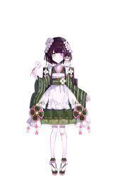  1girl absurdres awawa_yumemi backpack bag bandaid bandaid_on_knee bandaid_on_leg bird brown_hair dress flower flower_hairband frilled_dress frills green_dress green_eyes green_kimono heterochromia highres holding holding_flower japanese_clothes kimono mahou_shoujo_no_inshuu_mura obi official_art owl pink_eyes pink_flower sandals sash second-party_source short_hair smile socks solo star-shaped_pupils star_(symbol) symbol-shaped_pupils tachi-e two-tone_sandals umemaro_(siona0908) white_flower white_socks 