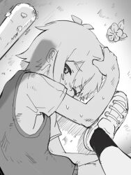  1boy 1girl antenna_hair aubrey_(faraway)_(omori) aubrey_(omori) baseball_bat basil_(faraway)_(omori) basil_(omori) flower greyscale hair_between_eyes highres looking_at_viewer monochrome nail_(hardware) nail_bat omore47858045 omori one_eye_closed shoes short_hair short_sleeves sidelocks sneakers socks sweat sweater_vest 