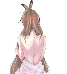  1girl ahoge bangs bare_back blush brown_hair feather_hair_ornament feathers glaciel hair_ornament highres holding holding_hair hololive hololive_english long_hair multicolored_hair nanashi_mumei partially_undressed ponytail streaked_hair very_long_hair virtual_youtuber 