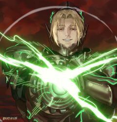  1boy blonde_hair commentary hair_intakes highres long_sleeves looking_at_viewer male_focus natsuhiro priest red_eyes rhyno_(yuushakei_ni_shosu) short_hair simple_background smile solo teeth yuushakei_ni_shosu 