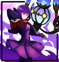  1girl blunt_bangs bob_cut book bow breasts chandelure commentary elbow_gloves fire glasses gloves highres holding holding_book holding_pen large_bow low_neckline medium_breasts neck_pillow normalusername pantyhose pen pokemon pokemon_(creature) pokemon_bw purple_fire purple_hair purple_skirt rimless_eyewear round_eyewear shauntal_(pokemon) short_hair skirt violet_eyes 