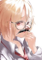  1girl :q absurdres blonde_hair clenched_hand closed_mouth collared_shirt commentary eyelashes eyes_visible_through_hair fake_facial_hair fake_mustache furrowed_brow fuuka_koji glasses groucho_glasses hair_ornament hair_over_one_eye hairclip hairpin hand_up heaven_burns_red highres kayamori_ruka long_bangs necktie nose parallel_hairclips portrait red_eyes red_necktie round_eyewear shirt short_hair simple_background smile solo teheperinko_(heaven_burns_red) tehepero tongue tongue_out white_background white_shirt 