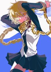  1girl absurdres black_necktie black_skirt black_sleeves black_thighhighs blonde_hair cape chain collar colored_eyelashes cowboy_shot cuffs cuffs-to-collar don_quixote_(project_moon) highres index_(identity)_(project_moon) kongtiao1111111 limbus_company looking_at_viewer necktie orange_eyes parted_lips pleated_skirt project_moon shirt skirt solo thigh-highs white_cape white_shirt 