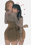  2girls bangs blue_hair blush brown_skirt byleth_(fire_emblem) byleth_eisner_(female) closed_eyes closed_mouth commentary cowboy_shot fire_emblem fire_emblem:_three_houses flower from_behind head_on_another&#039;s_shoulder high-waist_skirt highres light_brown_hair long_hair long_sleeves looking_at_another mercedes_von_martritz multiple_girls official_alternate_costume open_mouth parted_bangs pencil_skirt school_uniform shade shirt shirt_tucked_in shishima_eichi skirt smile standing turtleneck white_shirt yuri 