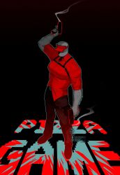  1boy absurdres arm_up bald black_background black_pants collared_shirt colored_skin commentary full_body grey_skin gun highres holding holding_gun holding_weapon large_pectorals looking_at_viewer motake_katori pants pectorals pizza_game_(roblox) pizza_guy_(pizza_game) red_shirt roblox shirt simple_background smoke smoking_barrel solo thigh_strap visor_cap weapon 