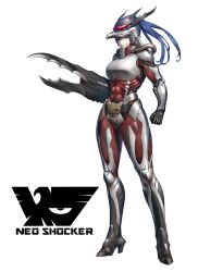 1girl armor arthropod_girl belt belt_buckle black_belt blue_hair boots buckle clenched_hand clenched_teeth commentary cyborg earwig eidenjyou1997 emblem english_commentary full_body genderswap genderswap_(mtf) grin guran_bazarmy high_heel_boots high_heels high_ponytail highres kamen_rider looking_at_viewer monster_girl neo_kamen_rider pincers ponytail red_eyes sharp_teeth shocker_(kamen_rider) simple_background smile solo standing teeth tube white_background