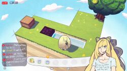  1girl andrich_galam blonde_hair blue_sky chair chat_log clothes_writing clouds cobblestone_generator commentary diagonal_bangs english_commentary english_text gameplay_mechanics gaming_chair green_eyes hair_over_one_eye heads-up_display highres livestream long_hair lusamine_(pokemon) mature_female minecraft o3o outdoors pokemon pokemon_pokopia pokemon_sm sitting sky swivel_chair tree user_interface very_long_hair 