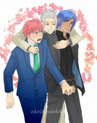  3boys adashino6444 akashi_(trouble_busters) aoto_(trouble_busters) artist_name belt black_pants black_shirt blue_eyes blue_hair blue_pants blue_suit commentary_request green_necktie grey_hair holding_hands hug hug_from_behind male_focus multiple_boys necktie pants shirt smile suit sukatto!_trouble_busters sweatdrop tetsu_(trouble_busters) 