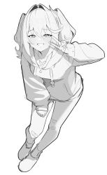  1girl absurdres bandaid bandaid_on_leg blush choppy_bangs commentary_request deulsaeinhyeong from_above full_body greyscale grin hair_between_eyes hair_intakes hand_on_own_thigh hand_up highres hood hood_down hoodie korean_commentary long_bangs long_hair monochrome shoes sketch smile solo standing stellive v virtual_youtuber yuzuha_riko 