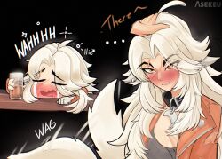  1girl absurdres animal_ears asekeu chibi collar crying deadlock_(game) drunk gloves highres jacket jewelry long_hair orange_jacket petting scar scar_on_face silver_(deadlock) tail tail_wagging werewolf white_hair wolf_ears wolf_girl yellow_eyes 