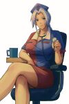  1girl absurdres blue_dress blue_eyes chair closed_mouth collarbone cross crossed_legs cup dress grey_hair hat highres holding_stethoscope looking_at_viewer mug nurse_cap red_cross red_dress royl short_sleeves simple_background sitting smile solo stethoscope touhou trigram two-tone_dress white_background yagokoro_eirin 
