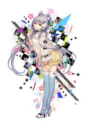  1girl asymmetrical_legwear bare_shoulders blue_socks bow feixianji_(hairstyle) full_body green_eyes grey_hair hair_bow hair_ornament hair_rings headphones high_heels highres long_hair looking_at_viewer low_twintails luo_tianyi luo_tianyi_(vocaloid4)_(japanese) multiple_hair_bows off_shoulder official_art open_mouth shirt shoes short_hair_with_long_locks shorts smile socks solo thigh-highs tidsean twintails vocaloid vsinger_(vocaloid) white_shirt white_shoes yellow_shorts 