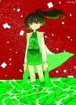  1girl absurdres bear_hair_ornament brown_hair carmen_(project_moon) coat commentary_request crying crying_with_eyes_open green_footwear green_shirt green_skirt hair_ornament highres holding holding_shoes korean_commentary labcoat lobotomy_corporation long_hair long_sleeves open_clothes open_coat partially_submerged ponytail project_moon red_eyes sharmcalm shirt shoes skirt smile solo tears white_coat 