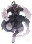  1boy abuku animal_hands armor ascot black_ascot black_coat black_pants bondrewd claws coat cracked_mask extra_pupils full_body highres made_in_abyss male_focus monster pants signature solo tail torn_clothes torn_pants white_background white_fur 