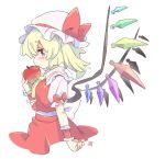  1girl apple ascot blonde_hair collared_shirt crystal flandre_scarlet food frilled_shirt_collar frilled_skirt frilled_sleeves frills fruit hat mob_cap one_side_up puffy_short_sleeves puffy_sleeves red_eyes red_skirt red_vest shirt short_hair short_sleeves skirt skirt_set solo tanasuke touhou vest white_headwear white_shirt wrist_cuffs yellow_ascot 