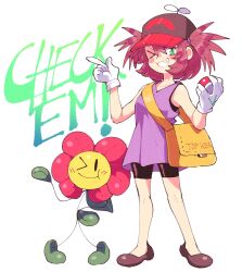  >_o 1girl 4chan bag baseball_cap bike_shorts black_hat black_shorts blush_stickers brown_hair dress english_text fakemon flower_with_face flowre_(poclo) full_body gloves green_eyes grin hat highres index_finger_raised inkerton-kun keksandra nintendo one_eye_closed oversized_clothes plant_monster pokemon pokemon_clover propeller_hat purple_dress purple_tank_top s4s_(4chan) shoes short_dress shorts shorts_under_dress shoulder_bag smile standing tank_top twintails white_gloves 
