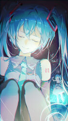  2girls absurdres bare_shoulders closed_eyes closed_mouth detached_sleeves figure hatsune_miku head_tilt highres miku_day miku_symphony_(vocaloid) moonunon multiple_girls sitting sleeveless smile twintails vocaloid 