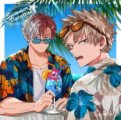  2boys bakugou_katsuki blonde_hair blue-framed_eyewear blue-tinted_eyewear blue_eyes blue_sky boku_no_hero_academia border brown-framed_eyewear brown_eyes closed_mouth collarbone commentary_request crew_neck drink drinking_straw english_commentary eyewear_on_head flower food fruit glass hawaiian_shirt heterochromia hibiscus highres looking_at_viewer looking_back male_focus mixed-language_commentary multicolored_hair multilingual_commentary multiple_boys ocean open_clothes open_mouth open_shirt orange-tinted_eyewear orange_(fruit) orange_slice outdoors palm_leaf pink_flower red_eyes red_hair salt_-_siomsb shirt sitting sky spiky_hair split-color_hair sunglasses teeth tinted_eyewear todoroki_shoto tongue tropical_drink upper_teeth_only white_border white_hair white_shirt 