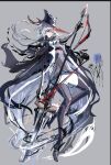  1girl 1other a9712mob arknights bangs boots commentary doctor_(arknights) drawing elbow_gloves full_body gladiia_(arknights) gloves grey_background grey_hair hat high_collar long_hair pants polearm red_eyes simple_background sketch thigh-highs thigh_boots thighhighs_under_boots weapon white_pants 