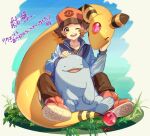  1boy ;d affectionate ampharos blue_jacket brown_eyes brown_hair brown_pants commentary_request grass hat hilbert_(pokemon) jacket long_sleeves male_focus one_eye_closed open_mouth pants pokemon pokemon_(creature) pokemon_(game) pokemon_bw quagsire red_footwear shoes short_hair shuri_(84k) sitting smile teeth translation_request 