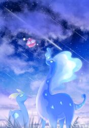  amaura animal_focus aurorus blue_eyes highres looking_up minior minior_(core) minior_(red_core) natu_a0z0ra no_humans outdoors pokemon pokemon_(creature) pokemon_focus shooting_star sky star_(sky) star_(symbol) tail 