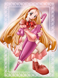  1girl ahoge apron arietta_(kaerunyo_panyon) arm_bow armor bad_id blonde_hair boots bow bowtie brown_boots brown_eyes collared_dress dress full_body hairband hugging_object kaerunyo_panyon kirin_beer_(mugi306) long_hair looking_at_viewer open_mouth pantyhose pink_bow pink_dress pink_umbrella puffy_sleeves red_bow red_bowtie red_hairband shoulder_armor smile solo umbrella very_long_hair white_apron white_pantyhose 