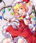  1girl aka_tawashi arm_up ascot back_bow bangs blonde_hair bow breasts circle collared_shirt commentary_request crystal flandre_day flandre_scarlet frills gradient gradient_background grey_background grey_bow grey_shirt hair_between_eyes hands_up hat hat_ribbon holding holding_weapon jewelry laevatein_(touhou) looking_at_viewer medium_breasts mob_cap multicolored_wings one_side_up open_mouth polearm puffy_short_sleeves puffy_sleeves red_eyes red_ribbon red_skirt red_vest ribbon shadow shirt short_hair short_sleeves skirt smile socks solo spear star_(symbol) touhou vest weapon white_headwear white_legwear wings wrist_cuffs yellow_ascot 