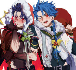  belt blush braid cloak closed_mouth clothing_cutout colored_extremities cu_chulainn_(fate) dual_persona earrings embarrassed fang fate/grand_order fate_(series) fur_cloak gift_bag hand_on_another's_shoulder hat highres holding holding_staff jewelry kuzen leaning_on_person long_hair looking_to_the_side mistletoe one_eye_closed red_eyes ribbon santa_hat setanta_(fate) side_braid slit_pupils spikes spiky_hair staff striped_ribbon teeth upper_body white_ribbon 