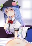 1girl black_headwear blue_hair blue_skirt blurry blurry_background bow bowtie breasts center_frills closed_mouth collared_shirt finger_to_mouth food frills fruit half-closed_eyes hat hinanawi_tenshi index_finger_raised indoors large_breasts leaf long_hair looking_at_viewer peach puffy_short_sleeves puffy_sleeves red_bow red_bowtie red_eyes seiza shirt short_sleeves sitting skirt smile solo touhou white_shirt zeroko-san_(nuclear_f)