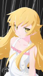  1girl bakemonogatari bare_shoulders blonde_hair blush dress expressionless flat_chest highres long_hair looking_at_viewer monogatari_(series) oshino_shinobu oshinobi_shinobu pointy_ears solo upper_body white_dress yellow_eyes 