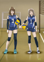  2girls absurdres asymmetrical_legwear ball bare_shoulders blue_shirt blue_shorts brown_hair commentary_request commission dated highres holding holding_ball looking_at_viewer multiple_girls original pixiv_commission shirt shoes shorts single_thighhigh sleeveless sleeveless_shirt sneakers sportswear standing thigh-highs volleyball volleyball_(object) volleyball_net volleyball_uniform y.kami_nao/take 