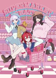  3girls :d alternate_costume ange_katrina animal_ears ankle_boots arm_up bad_id bad_twitter_id bag baguette beret black_ribbon black_shoes blue_camisole blue_hair blue_hat blue_skirt blue_sweater_vest boots braid bread brown_boots brown_hair brown_hat brown_tail camisole camisole_over_clothes checkered_floor clothes_writing collared_shirt colored_inner_hair crossed_bangs dog_ears dog_girl dog_tail earrings ears_down english_text fangs food frilled_shirt frills grey_hair grey_hat grey_shorts grid_print grin groceries grocery_bag grocery_store group_name group_picture hair_between_eyes hair_intakes hair_ornament hair_over_shoulder hairpin hand_on_own_knee hand_up haruwo hat hat_ornament heterochromia high_heel_boots high_heels highres holding holding_bag in_shopping_cart index_finger_raised inui_toko jewelry lace-up_boots leg_up lize_helesta long_hair long_sleeves looking_at_viewer low_twin_braids medium_hair miniskirt multicolored_hair multiple_girls multiple_hairpins neck_ribbon necktie nijisanji open_mouth paper_bag pink_shoes pink_sweater print_camisole print_hat print_skirt purple_necktie purple_shirt purple_socks red_eyes red_hair ribbon sanbaka_(nijisanji) shelf shirt shoes shopping_bag shopping_cart shorts side_ponytail skirt smile sneakers socks standing standing_on_one_leg streaked_hair supermarket sweater sweater_vest tail tile_floor tiles twin_braids two-tone_hair v v_over_eye violet_eyes virtual_youtuber waving white_shirt white_socks yellow_eyes 