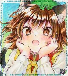  1girl adversarial_noise alto2019 animal_ear_fluff animal_ears blush bow bowtie brown_eyes brown_hair cat_ears cat_tail chen commentary_request fangs green_hat hat long_sleeves looking_at_viewer mob_cap multiple_tails nekomata open_mouth qr_code red_vest shirt signature smile solo tail touhou traditional_media two_tails vest watermark white_shirt yellow_bow yellow_bowtie 