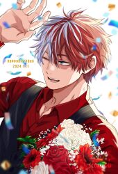  1boy alternate_costume arm_up baby's-breath black_vest blue_eyes boku_no_hero_academia bouquet burn_scar collared_shirt commentary_request confetti dated double-parted_bangs dutch_angle flower hair_between_eyes happy_birthday highres long_sleeves looking_to_the_side male_focus multicolored_hair one_eye_closed open_collar open_mouth red_flower red_rose red_shirt rose salt_-_siomsb scar scar_across_eye scar_on_face shirt short_hair sideways_glance smile solo split-color_hair todoroki_shoto upper_body vest white_flower wing_collar 
