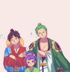  1girl 2boys black_hair caydeus child chonmage closed_mouth commentary crossed_arms english_commentary green_hair green_kimono hair_bun hat japanese_clothes kimono kurozumi_tama monkey_d._luffy multiple_boys one_eye_closed one_piece purple_hair roronoa_zoro sash scar scar_across_eye scar_on_face sidelocks stitched_face stitches straw_hat topknot violet_eyes wide_sleeves yellow_sash 