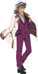  1boy adjusting_clothes adjusting_necktie artist_request black_gloves black_hair black_shoes blue_socks coat dark_skin facial_hair full_body game_cg gloves grey_shirt hand_in_pocket hat highres long_hair looking_at_viewer necktie official_alternate_costume official_art pants pink_socks ponytail purple_pants purple_suit raven_(gambler)_(tales) raven_(tales) red_necktie shirt shoes simple_background smile socks solo standing suit tales_of_(series) tales_of_asteria teeth third-party_source tinted_eyewear transparent_background two-tone_socks white_coat white_hat yellow_necktie 