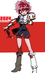  1girl artist_name black_skirt boots bow bowtie braid dated long_hair magic_knight_rayearth open_mouth pink_hair red_background red_eyes sasaki_tomomi shidou_hikaru shoulder_pads single_shoulder_pad skirt solo white_boots white_bow white_bowtie 