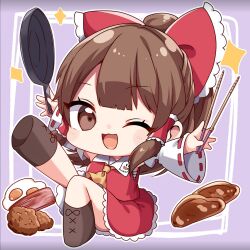  bacon bow chicken_(food) chopsticks egg food fried_chicken fried_egg frying_pan hair_bow hakurei_reimu highres non-web_source shinonome_asu 