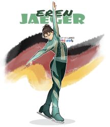  1boy artist_name bodysuit brown_hair character_name closed_mouth commentary english_commentary eren_yeager figure_skating full_body green_bodysuit hair_bun highres ice_skates ice_skating larkei male_focus medium_hair outstretched_arms sash shingeki_no_kyojin skates skating solo updo waist_sash white_background 