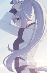  1girl ahoge animal_ears blue_eyes commentary_request grey_hair grey_tail hair_between_eyes hair_tie highres holding holding_hair_tie horse_ears horse_girl horse_tail jacket kasamatsu_tracen_training_uniform long_hair long_sleeves multicolored_hair multicolored_jacket oguri_cap_(umamusume) pants parted_lips ponytail purple_jacket purple_pants purple_track_suit solo tail track_jacket track_pants track_suit tying_hair umamusume umamusume:_cinderella_gray yu_sakae 
