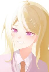  1girl absurdres ahoge akamatsu_kaede blonde_hair collared_shirt danganronpa_(series) danganronpa_v3:_killing_harmony gimooo grin hair_ornament highres long_hair long_sleeves musical_note musical_note_hair_ornament necktie pink_eyes pink_sweater_vest shirt simple_background smile sweater_vest teeth white_background white_shirt 