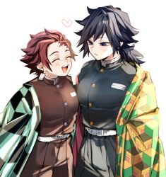  2boys black_hair black_jacket black_pants blue_eyes buttons checkered_haori commentary_request empty_eyes gold_buttons haori heart jacket japanese_clothes kikkoumon kimetsu_no_yaiba long_hair looking_at_another low_ponytail male_focus multiple_boys open_mouth pants ponytail print_haori red_haori simple_background smile spiky_hair standing teeth tobidayooon tomioka_giyuu upper_teeth_only white_background 