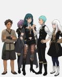  &gt;_&lt; 2boys 3girls arm_wrap armor armored_dress bangs bernadetta_von_varley black_dress black_footwear black_legwear black_pants black_shorts black_vest blue_eyes blue_hair boots breasts brown_hair brown_legwear brown_shirt buttons byleth_(fire_emblem) byleth_eisner_(female) caspar_von_bergliez clenched_hand closed_mouth clothing_cutout coat coat_on_shoulders crossed_arms cyril_(fire_emblem) dark-skinned_male dark_skin double-breasted dress expressionless eyebrows_behind_hair fire_emblem fire_emblem:_three_houses full_body garreg_mach_monastery_uniform grey_background grey_coat hair_slicked_back hand_on_hip hands_on_hips hiding hiding_behind_another high_heel_boots high_heels highres leg_armor light_blue_hair long_hair long_sleeves looking_at_another lysithea_von_ordelia medium_breasts medium_hair midriff multiple_boys multiple_girls navel navel_cutout neckerchief nervous open_mouth pants pantyhose parted_bangs purple_hair red_eyes shirt shishima_eichi shoes short_hair shorts sidelocks simple_background small_breasts smile standing trait_connection vambraces vest violet_eyes wavy_mouth white_footwear white_hair white_neckerchief white_shirt 